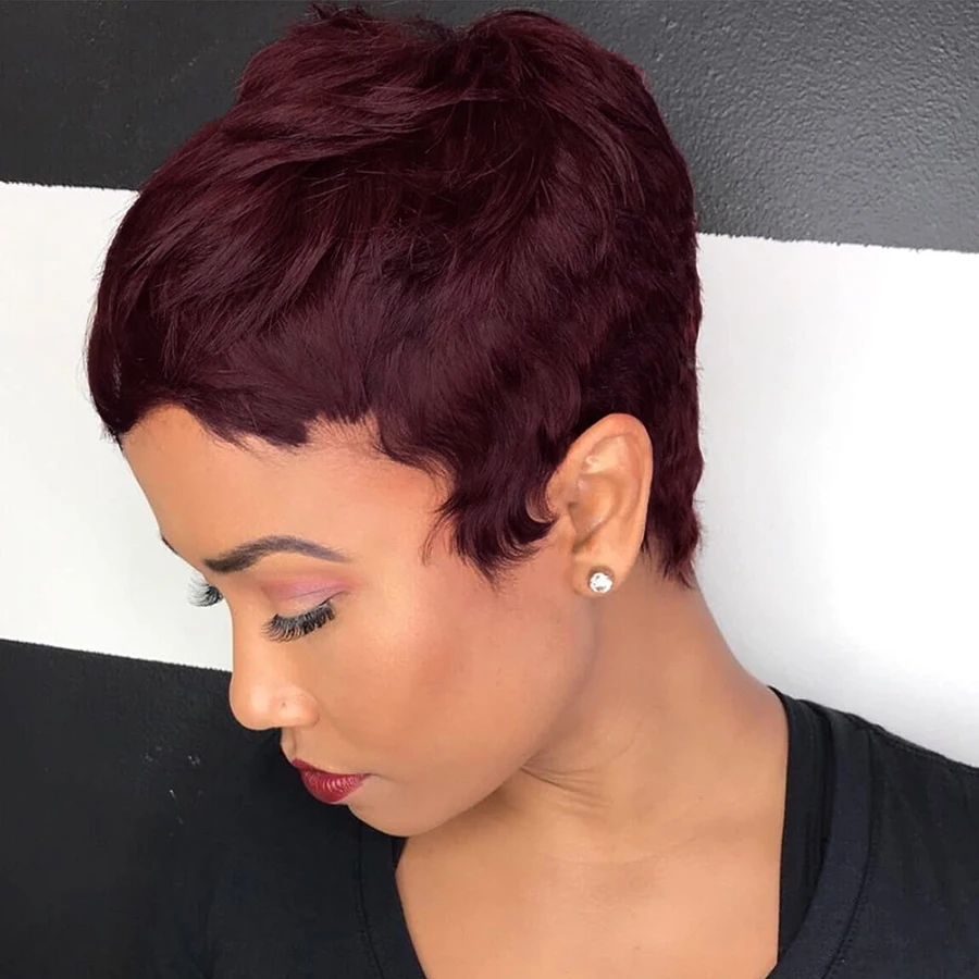 Human Hair Wigs 99J Pixie Cut  Short Wig for Black Women Human Hair machine made
