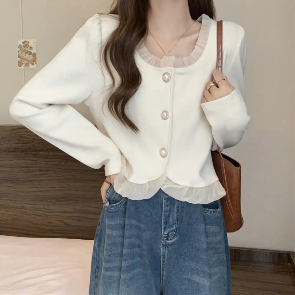 Maglioni primaverili in pizzo solido manica lunga autunno cardigan primaverili donna Y2K top larghi da donna cappotti corti slim femminili