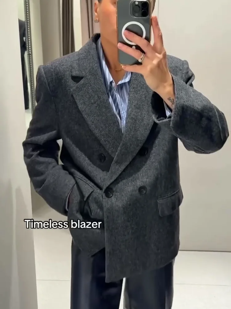 سترة صوفية رمادية أنيقة للنساء معطف فضفاض بأكمام طويلة وطية صدر السترة للسيدات موضة خريف 2025 معاطف للسيدات للمكتب #4
