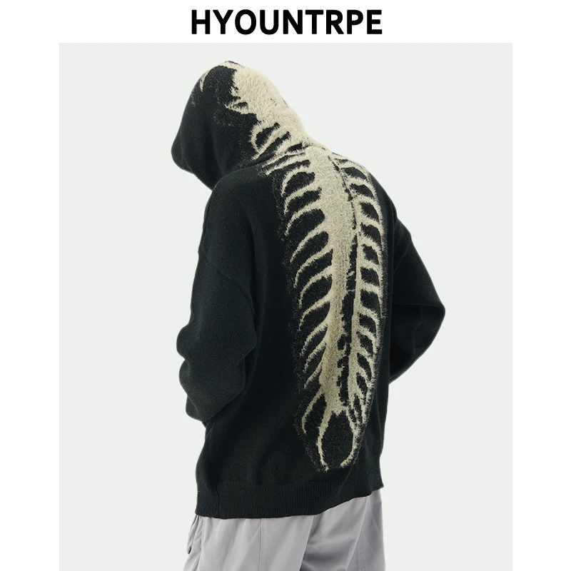 Hip Hop back Skull Skeleton Knitted Oversized Sweater Mens Hooded Long Sleeve Pullover Streetwear Loose Sweaters Clothing Jumper