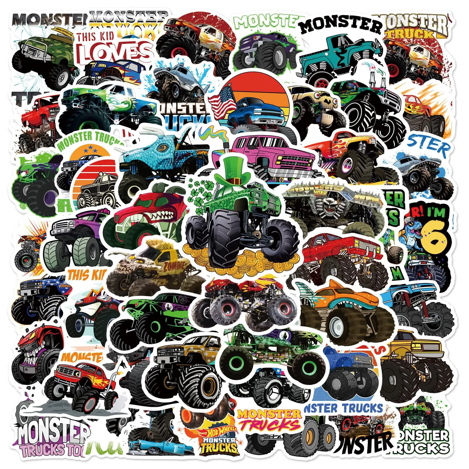 50Pcs Monster Trucks Rule Graffiti Stickers Motorcycle Helmet Skateboard Car Water Bottles Travel Case Laptop Waterproof