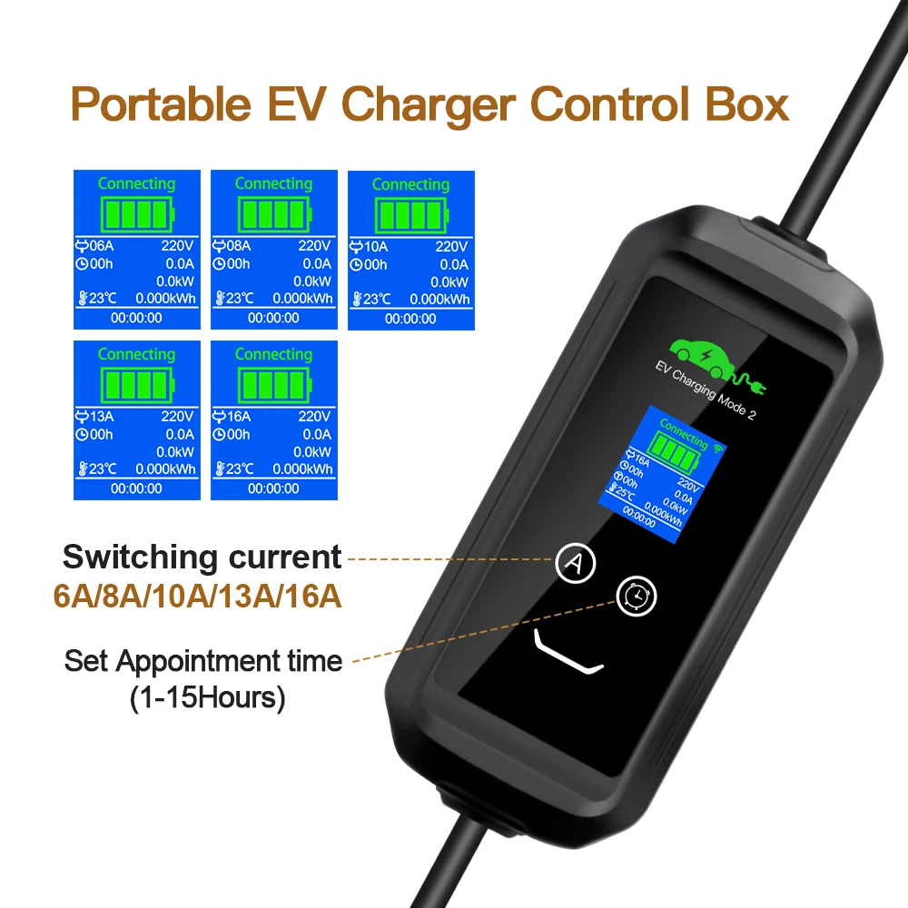 ERDAN Portable IEC62196-2 EV Charger 16A 3.6KW Type 2 Charging Wallbox With Tuya APP Control Timer EU Plug 10M Cable