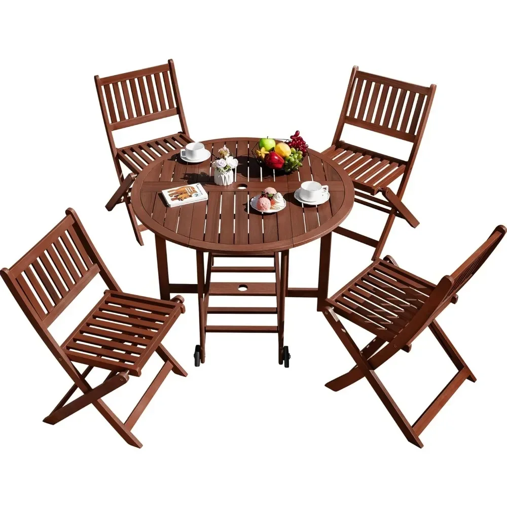 

outdoor acacia wood 5-piece patio dining set with folding round table and chairs for backyard, balcony, and porch