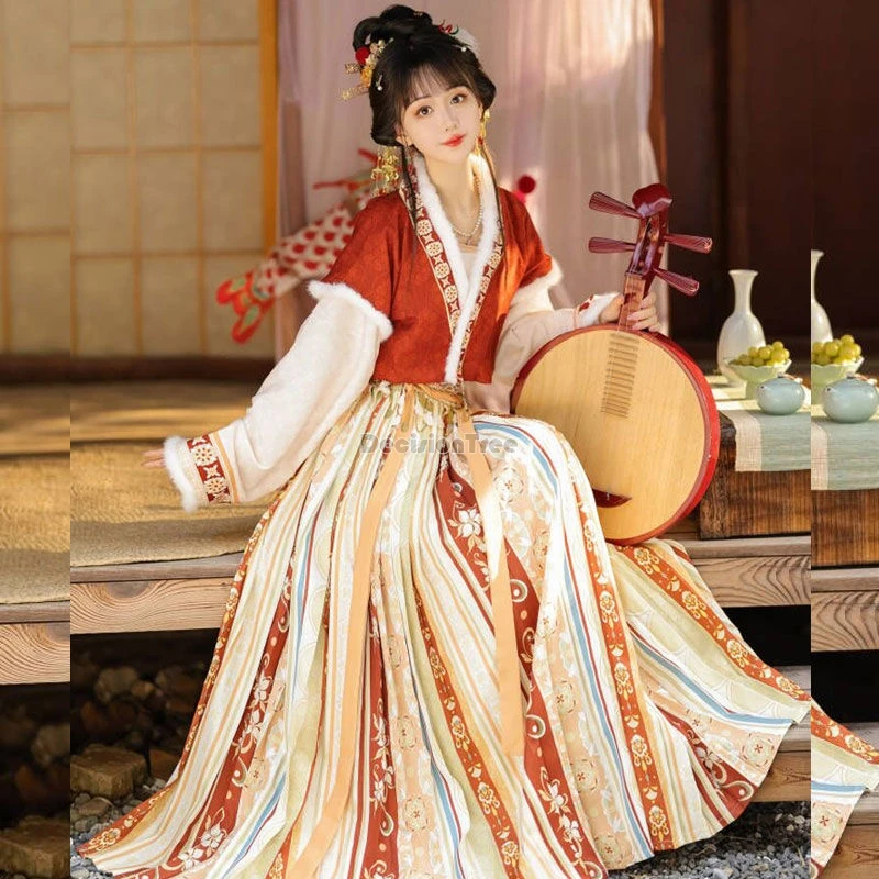 

2024 plush thickened autumn winter daily hanfu set chinese tang dynasty elegant princess hanfu exotic style retro dainty garment