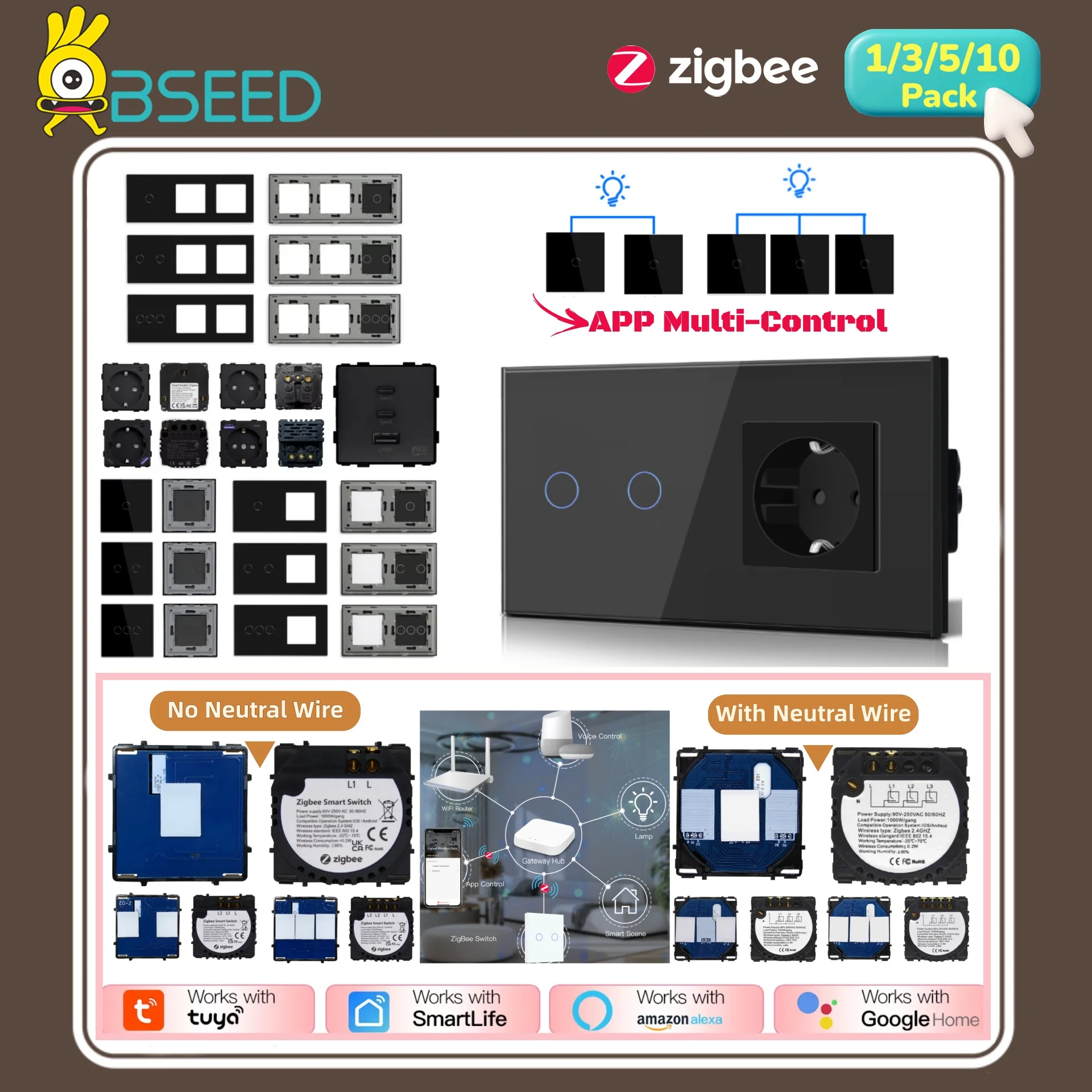 BSEED 1/2/3Gang Zigbee Light Switch Parts EU Wall Socket Module Smart Stair Wall Switch Insert Tuya APP Free Combination Glass