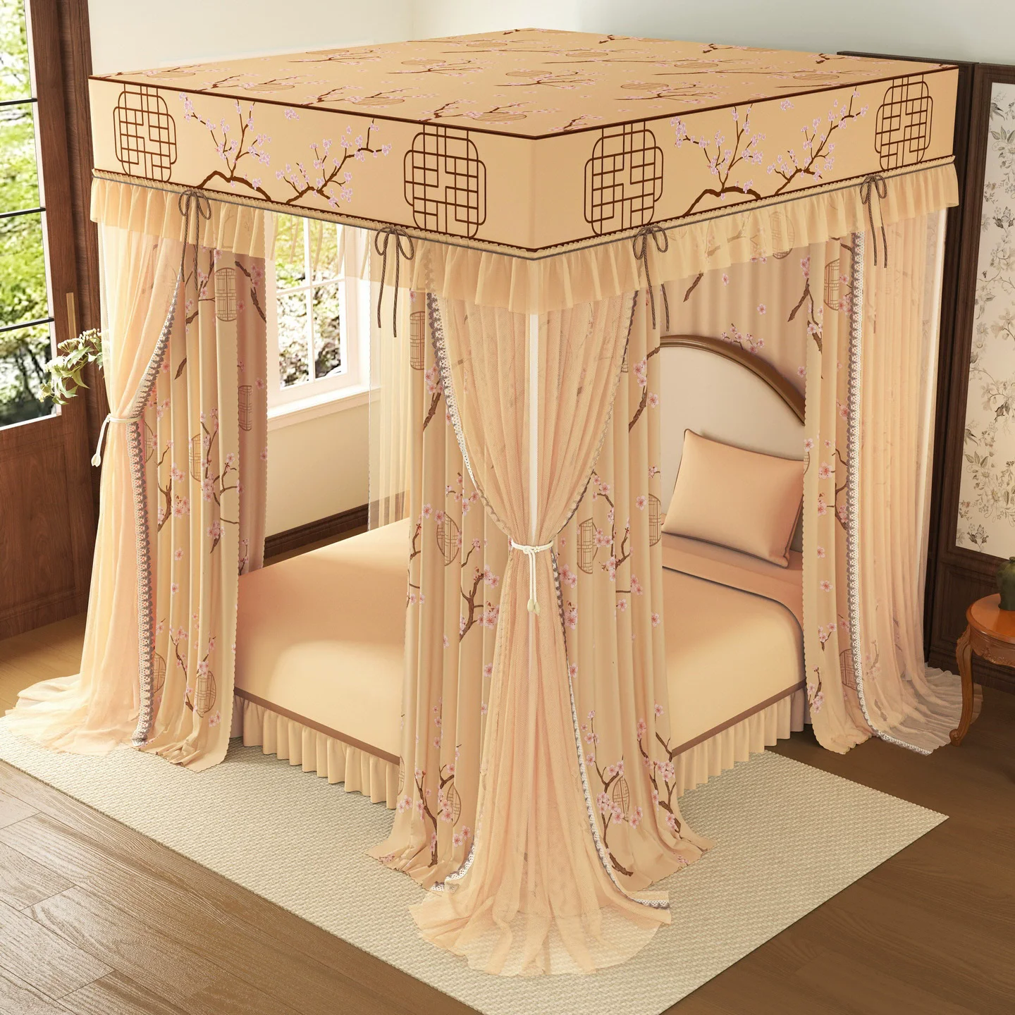 New Chinese Style Three-door Shading Quadrate Mosquito Net Double Layers Bed Curtain Canopy Tents with Frame for 4 Seasons