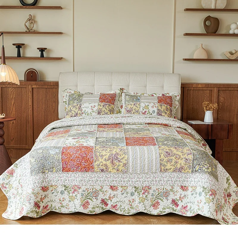King Size Stitching Cotton Quilt Bedding Set Lightweight Soft Bedspreads All Seasons 3pcs with Pillow Shams Quilt Cover