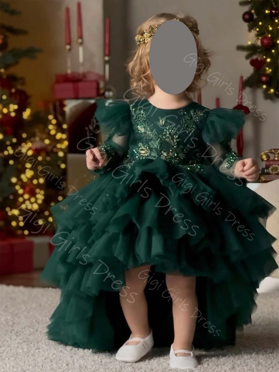 

Emerald Green Girls Princess Dress High Low Flower Girl Dress Beaded Appliques Tiered Tulle Christmas Wedding Party Gown Custom