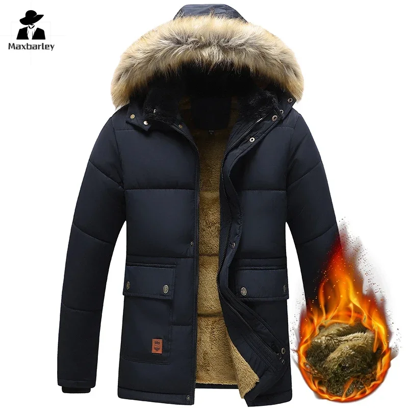 2024 New Winter Jacket Men's Fashion Retro Big Fur Collar Thickened Fleece Warm Parka Men Luxury Clothing Cold-proof Hooded Coat