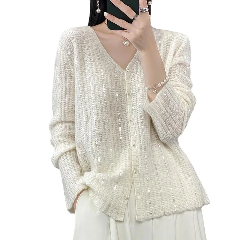 2025 Spring and Autumn New Women's Cardigan Fashion V-neck Sparkling Versatile Sweater Coat Loose Pearl Button Knitted Top