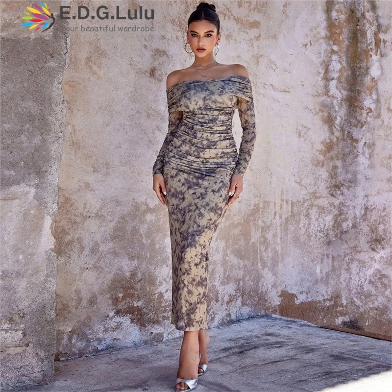 

EDGLuLu Элегантные вечерние платья с квадратным воротником и открытыми плечами, длинными рукавами, женское облегающее платье с рюшами, винтажное длинное платье с цветочным принтом на задней вилке0213