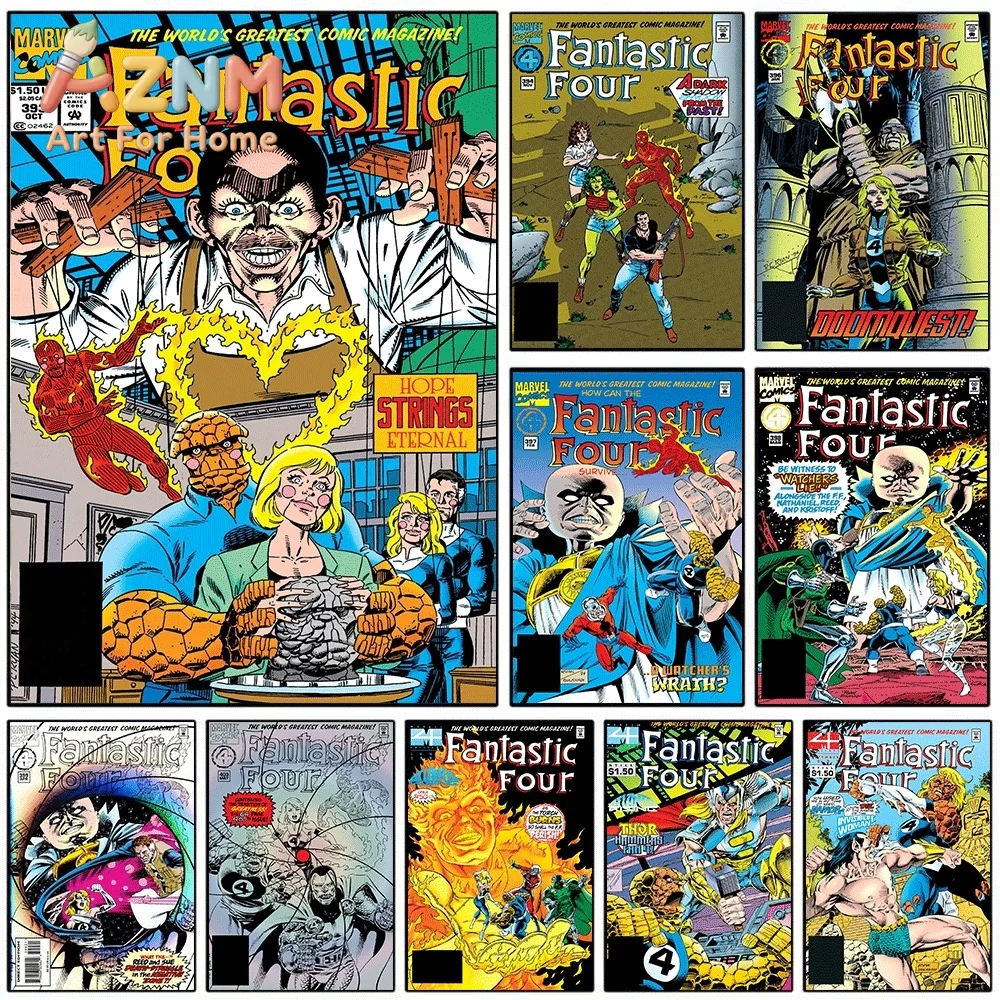 AZNM Fantastic Four Hope Strings Eternal Vintage Comic Cover Collage Canvas Wall Art Unframed Print, Superhero Poster for Bedr
