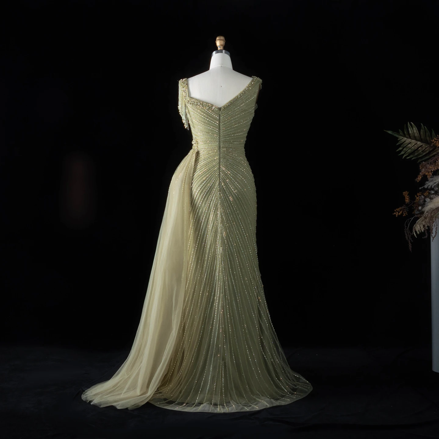 Sharon Said Abendkleid Glamouröses Grünes Tüllkleid mit Perlen und Quasten, Sweetheart-Ausschnitt, Luxuriöses Dubai-Formelles Hochzeits- und Partykleid SS103 Maßanfertigung – Detail 8