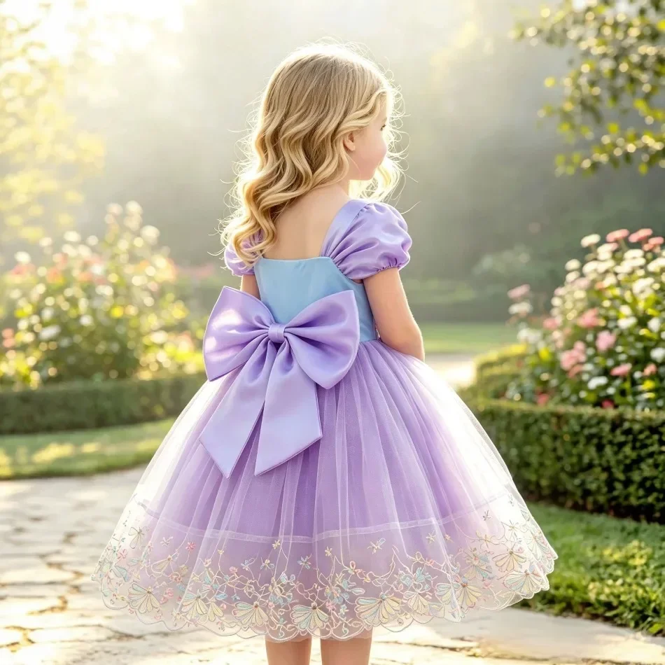 Girls Purple Sequin Princess Dress Puff Short Sleeve Embroidery Hem Tulle Tutu Gown Kid Summer Birthday Banquet Party Dress ZD36