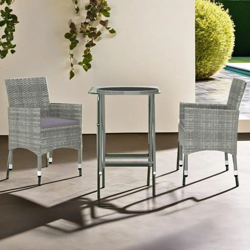 3-Piece Gray Patio Bistro Set with Poly Rattan and Tempered Glass - Stylish Outdoor Furniture