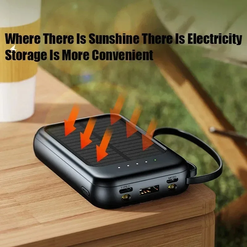 باور بانك يعمل بالطاقة الشمسية بقدرة 50000 مللي أمبير في الساعة، كابلات مدمجة، شاحن سريع، 2 منافذ USB، شاحن خارجي، باور بانك، مصباح LED لهاتف آيفون وشاومي وسامسونج