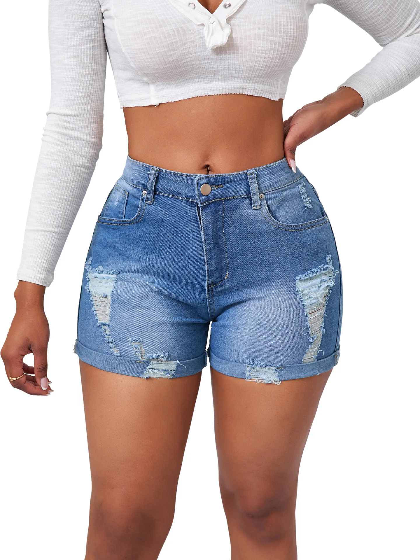 الجينز الجديد المثير عالي الخصر الممزق عالي المرونة والسراويل النسائية المثيرة والنادي مقاس كبير