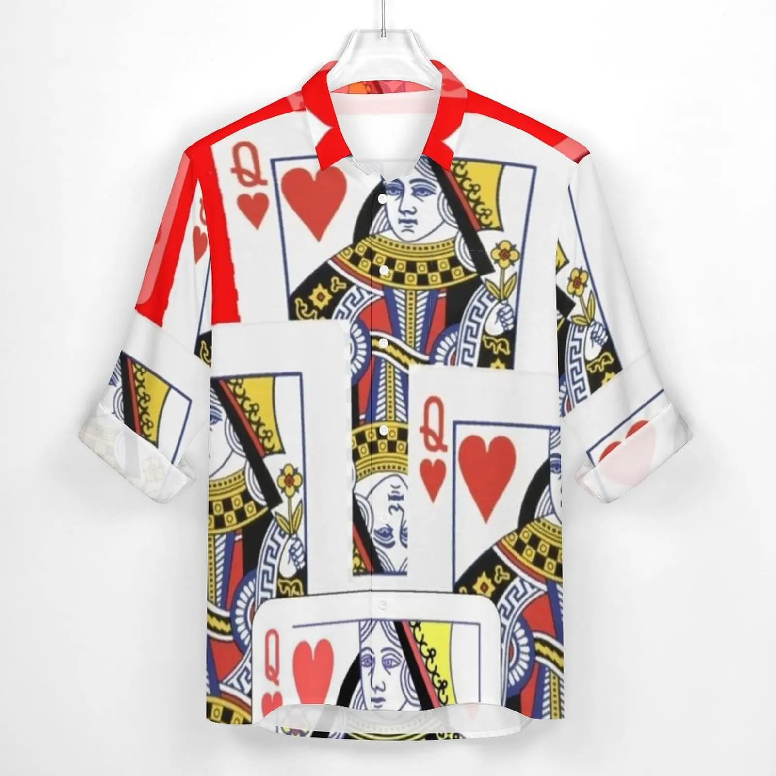 Poker Cards Casual Shirts Man Red Queen Heart Shirt Long Sleeve Vintage Street Style Blouses Autumn Custom Clothing Plus Size