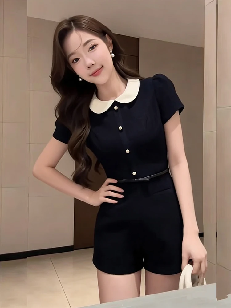 

Blue Doll Collar Bubble Sleeve Jumpsuit Women's Slimming High Waist Short Pants Straight Leg Regular Thickness Summer Online ...