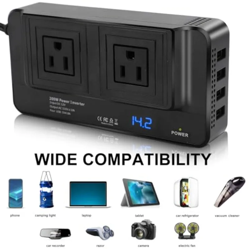 200W Car Inverter Multifunctional Adapter Socket 12V DC To 110V AC Voltage Converter for Camping with 2 Plugs and 4 USB Ports