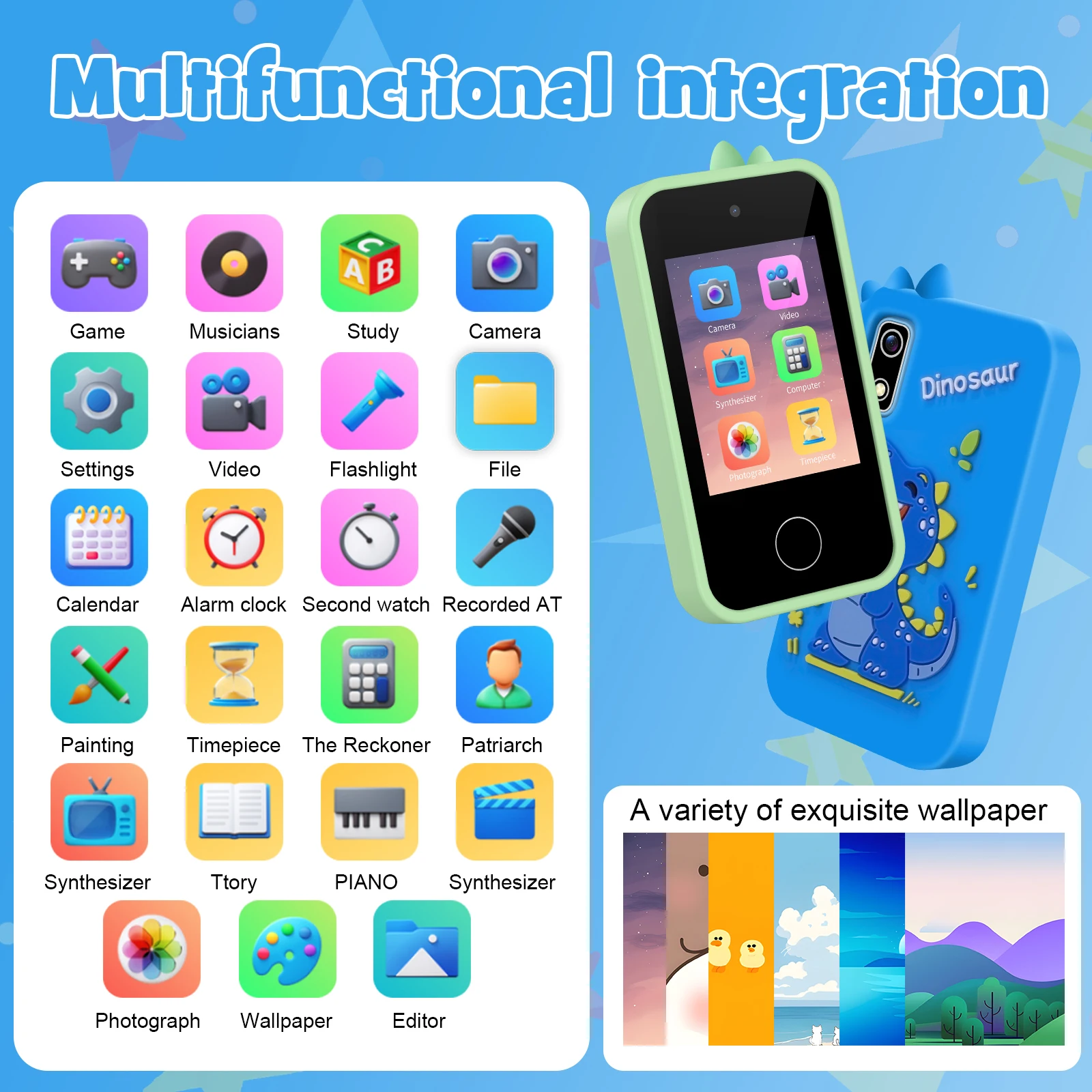 Kids Smart Phone Educational Toys Children Musical Player Mp3 Dual Camera Selfie with 512Mb Card Touchscreen Learning Toy Gifts