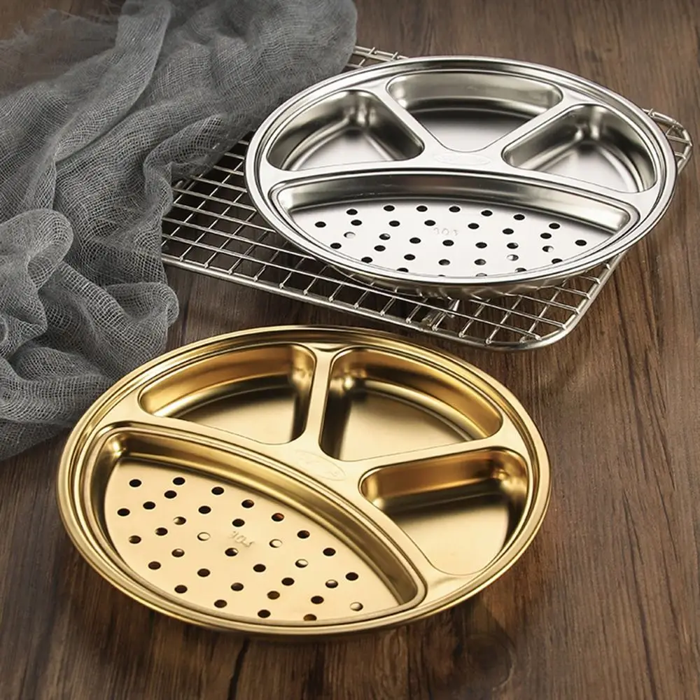 

Плоские подносы для еды из нержавеющей стали, 4-х отделений с ситечком, сервировочное блюдо, штабелируемая утолщенная круглая разделенная тарелка с охлаждением