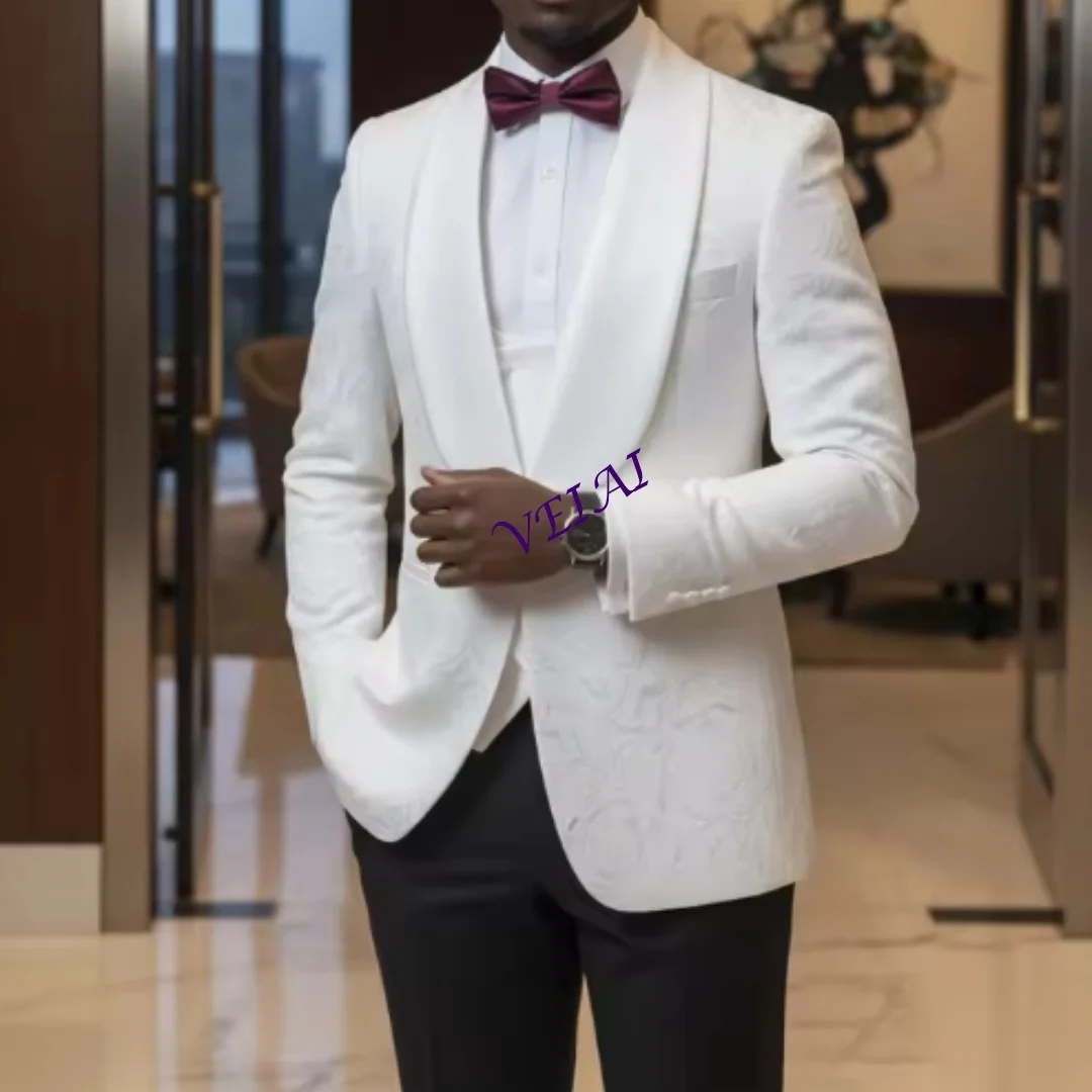 

Белый мужской жених, свадебный шаль с воротником, пиджаки, фигурка, праздничное платье, смокинг, костюм для выпускного, модный приталенный костюм (куртка + жилет + брюки) по индивидуальному заказу