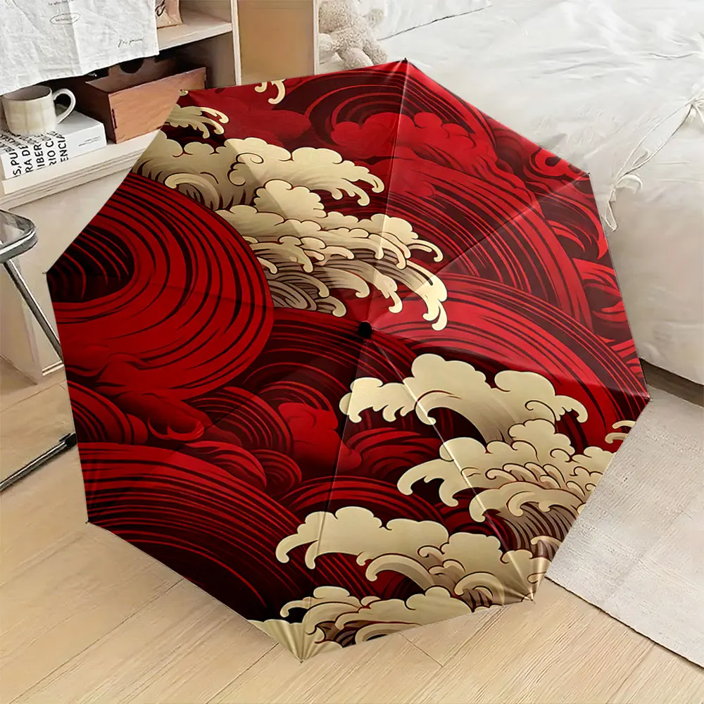 1PC Elegant Red and Gold Wave Umbrella for Art Lovers Print 8 Iron Ribs Folding Umbrella Auto-Open Fashion Sunshade
