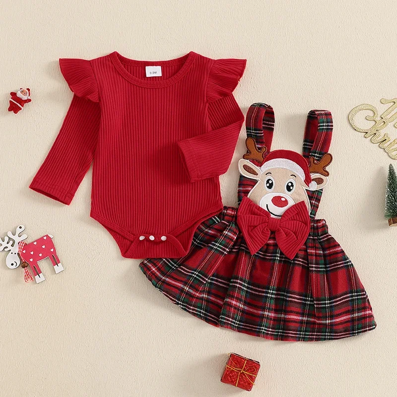 Newborn Baby Girls Clothes Red Ribbed Ruffles Long Sleeve Rompers Reindeer Plaid Bow Overall Skirts Set Christmas Outfits