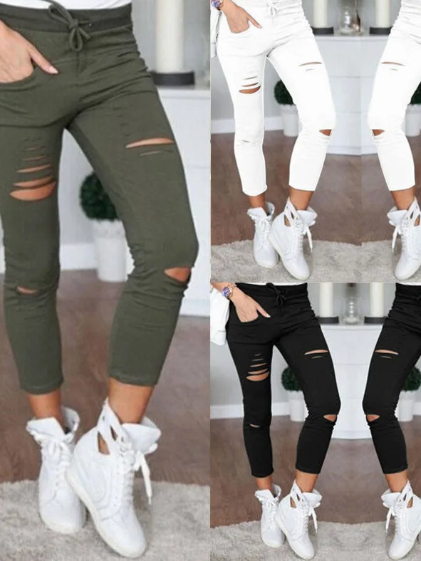 سروال رصاص عالي الخصر مع ثقوب، لون برباط، سلسلة ألوان نقية، سروال رصاص بفتحة كسر، سروال نسائي كاجوال من ألياف البوليستر #2