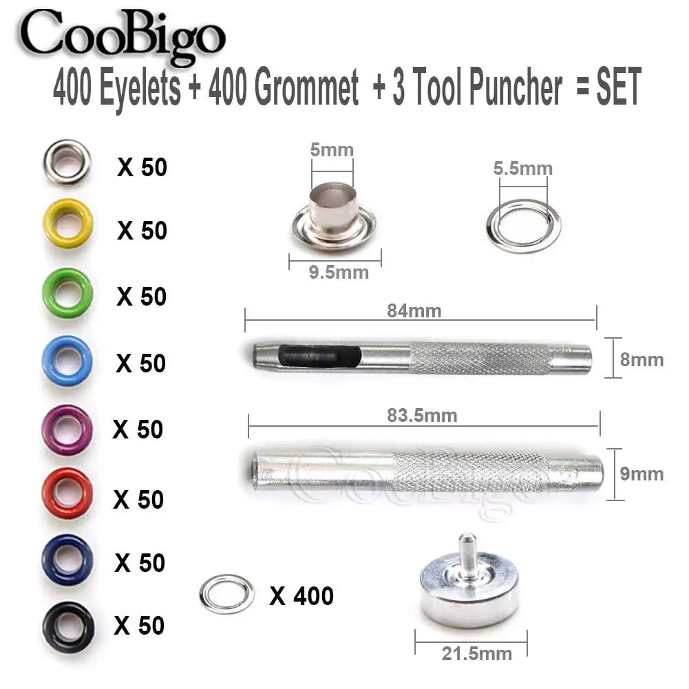 Zestaw narzędzi do przelotek metalowych 400 zestawów przelotek oczka średnica wewnętrzna 5mm na ubrania torba na buty rzemiosło skórzane DIY