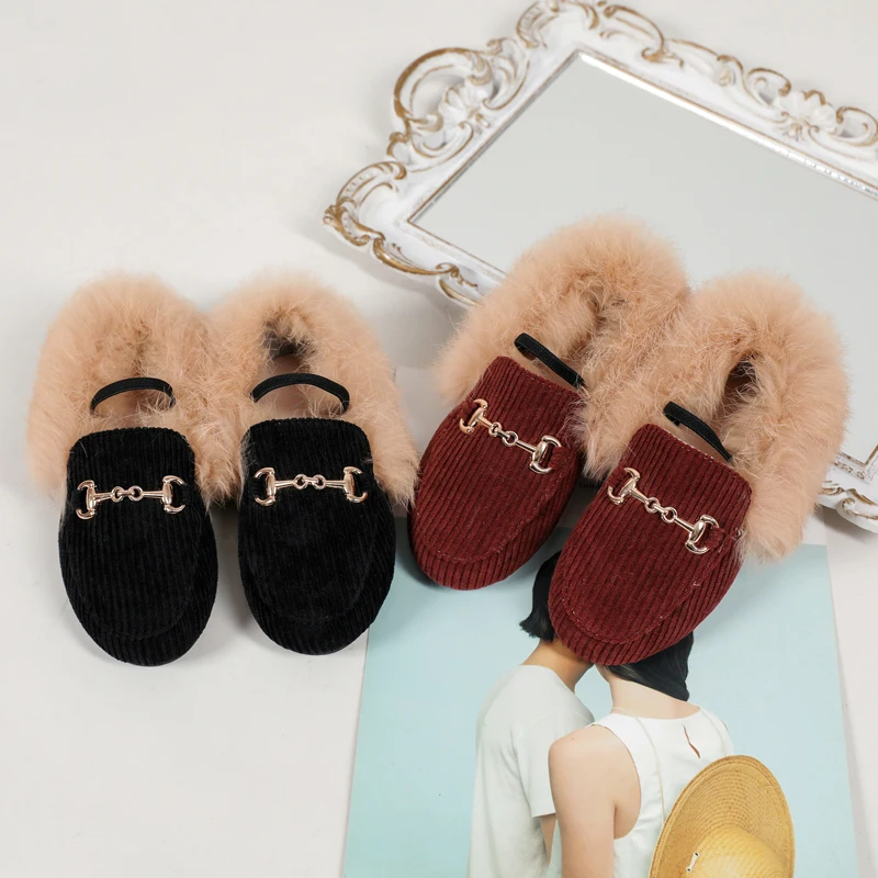 

AS New Kids Shoes Children Fur Princess Shoes Baby Girls Slip On Loafers Toddler Ballet Flats First Walker Warm Fashion Moccasin