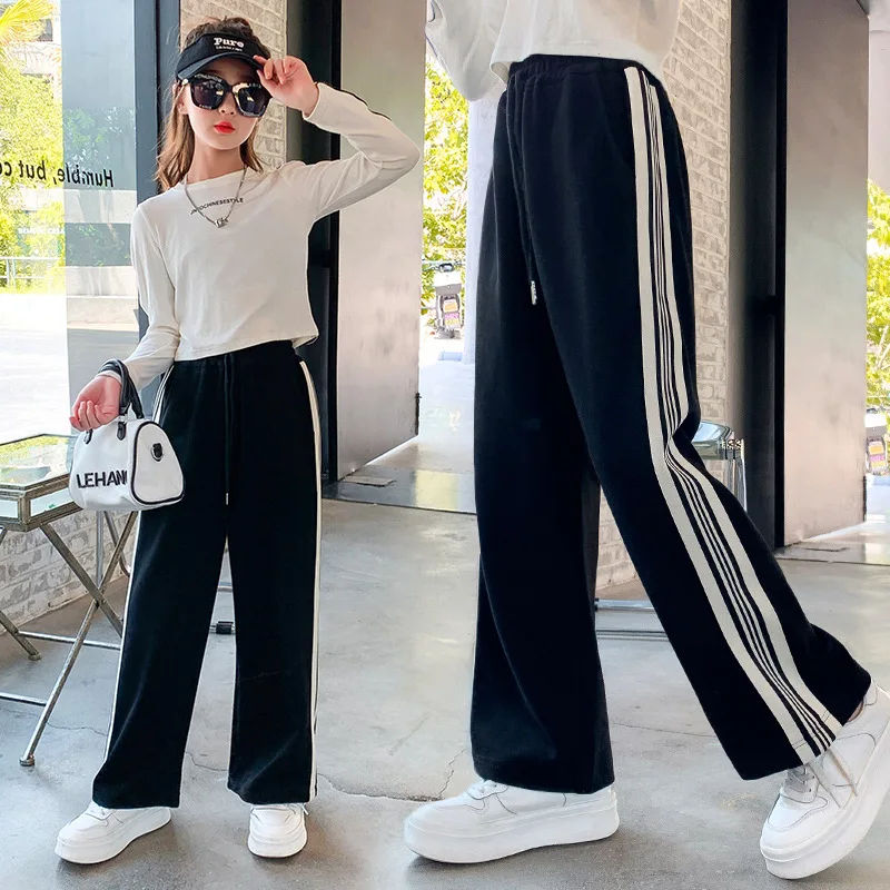 Girls Sport Pants Casual Loose Straight Trousers for Children Fashion Teenager Wide Leg Pants Kids Sweatpants 6 8 10 11 13 14 Y