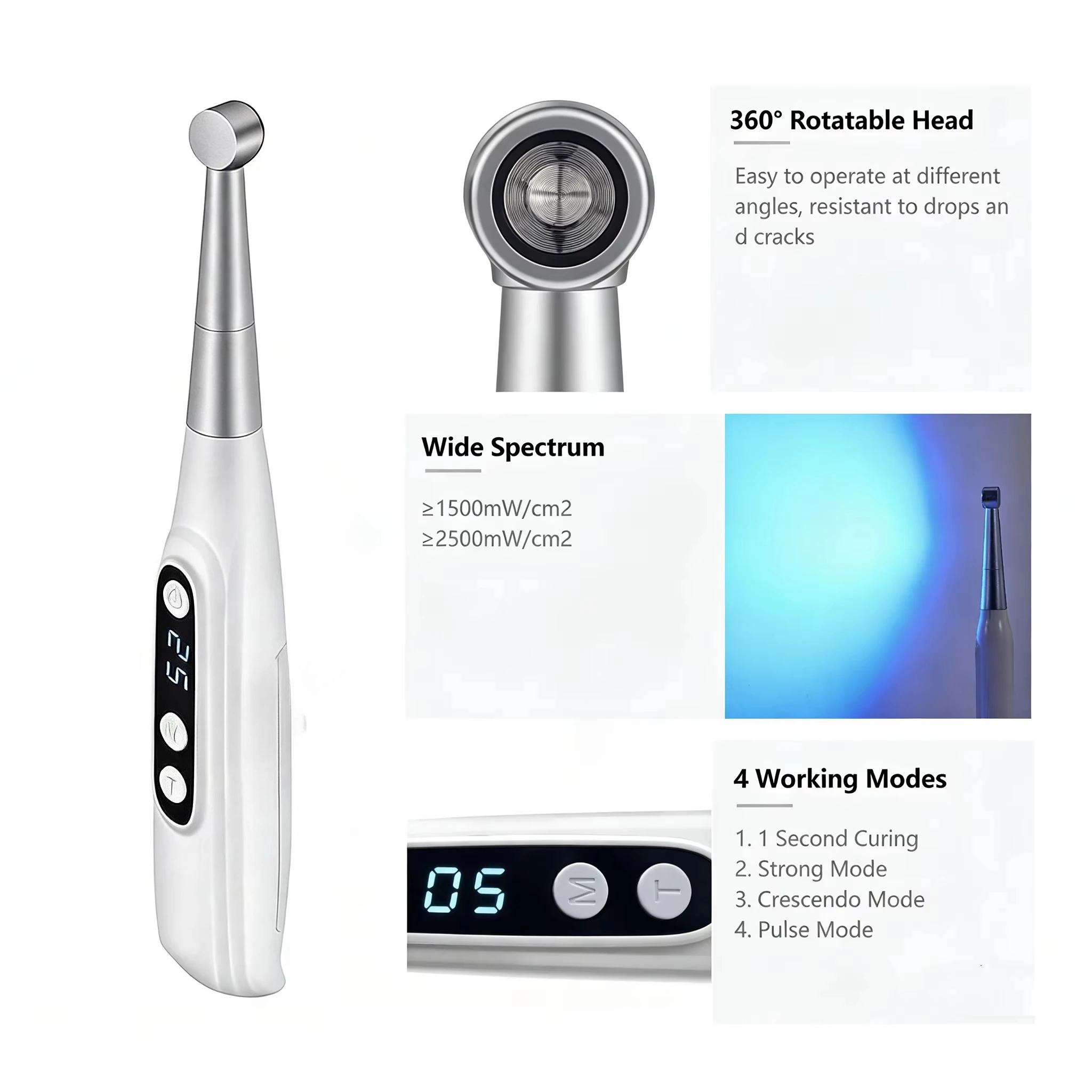 

Wireless Dentl Curing Light 1 Sec Curing 2200mW/cm² LED Curing Light with 4 Modes & 360° Rotatable Head