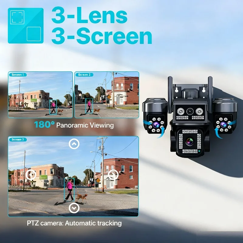 12MP WIFI IP 카메라 야외 무선 카메라 듀얼 렌즈 듀얼 스크린 자동 추적 보안 보호 CCTV 감시 V380Pro