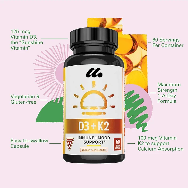 Vitamin D3 K2,Bone and Heart Health Vitamin D3 and 90 micrograms Vitamin K2,Maximum Strength 2-in-1,Gluten Free,60 capsules