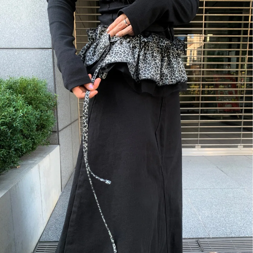 힙합 레오파드 프린트 힙 스카프 스커트 스위트 셔츠 익스텐더 러플 엣지 허리밴드 메쉬 Y2K 레이어 아웃핏 벨트 허리 액세서리