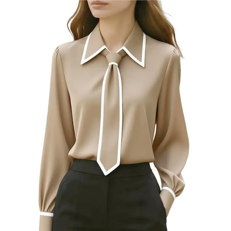 

CYL-Women Tie Neck Blouse Long Sleeve Shirt Elegant Business Casual Dressy Top For Office Work