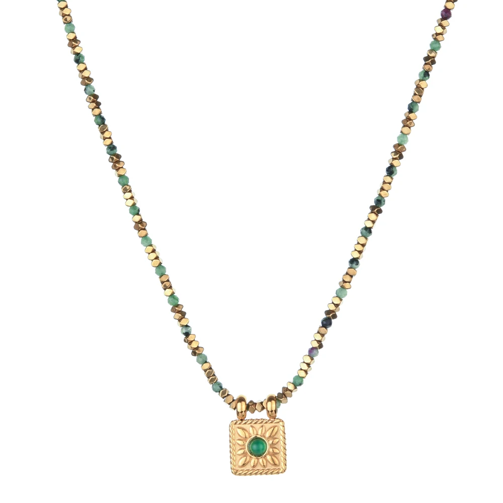 Vintage Lapislazuli Perlenkette mit Zirkon-Münzanhänger, Böhmische Mehrlagige Halskette, Handgefertigter Schmuck – Detail 4