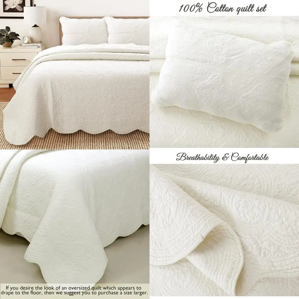 مجموعة لحاف منقوشة بميدالية قابلة للعكس من القطن بنسبة 100%، مفرش سرير خفيف الوزن باللون الأبيض الفاتح، مجموعة مفروشات منزلية مريحة #1