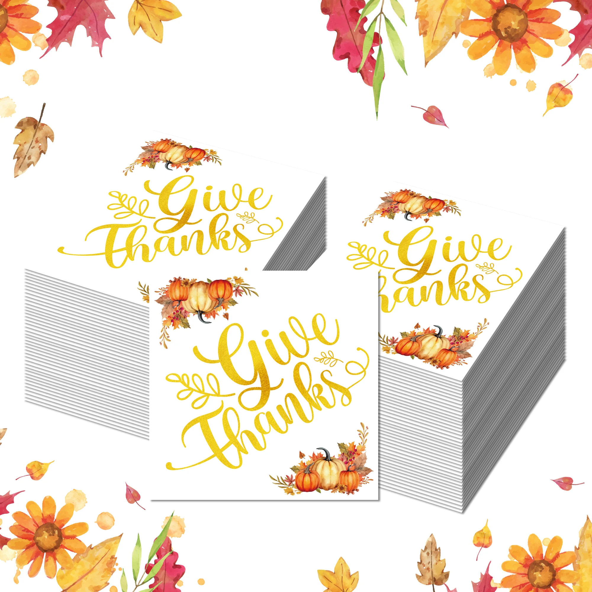 60pcs Autumn Pumpkin Pattern Disposable Paper Towels 'Give Thanks' Lettering Napkins for Thanksgiving Family Feast Table Decor