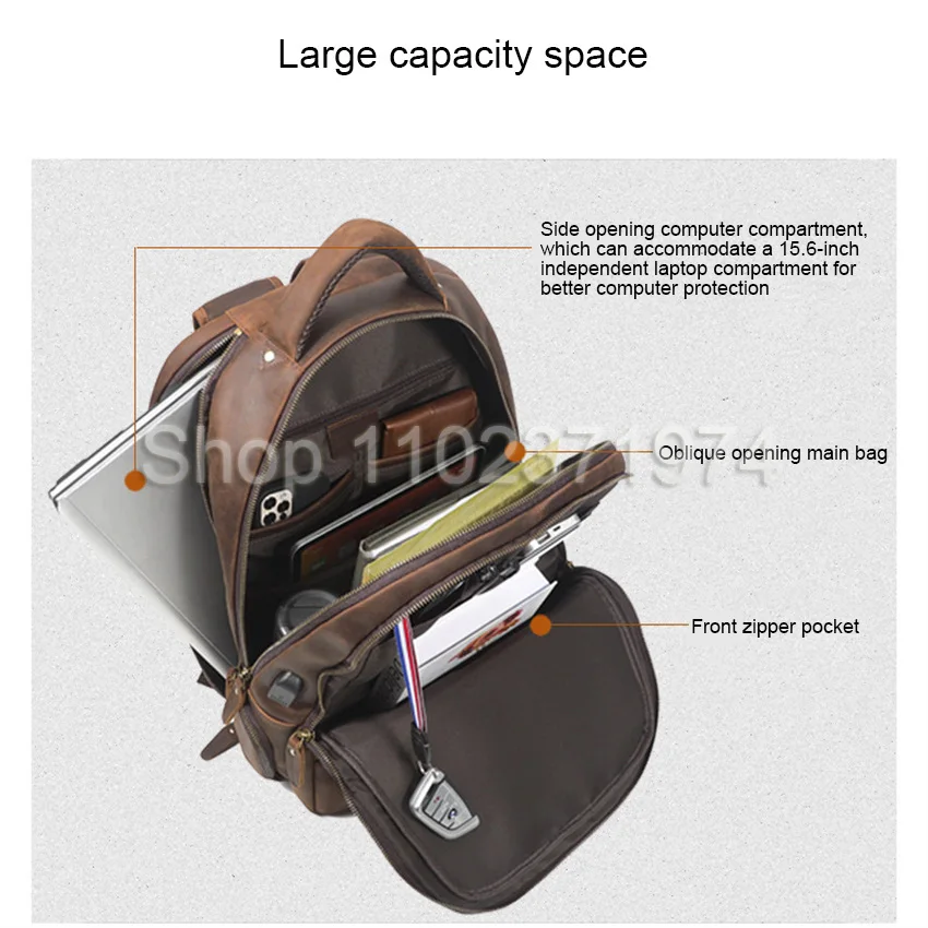 Genuine Leather Backpack for Men 15.6 Inch Laptop Backpack USB Charging Cowhide Male Travel Rucksack Outdoor Travel Bag