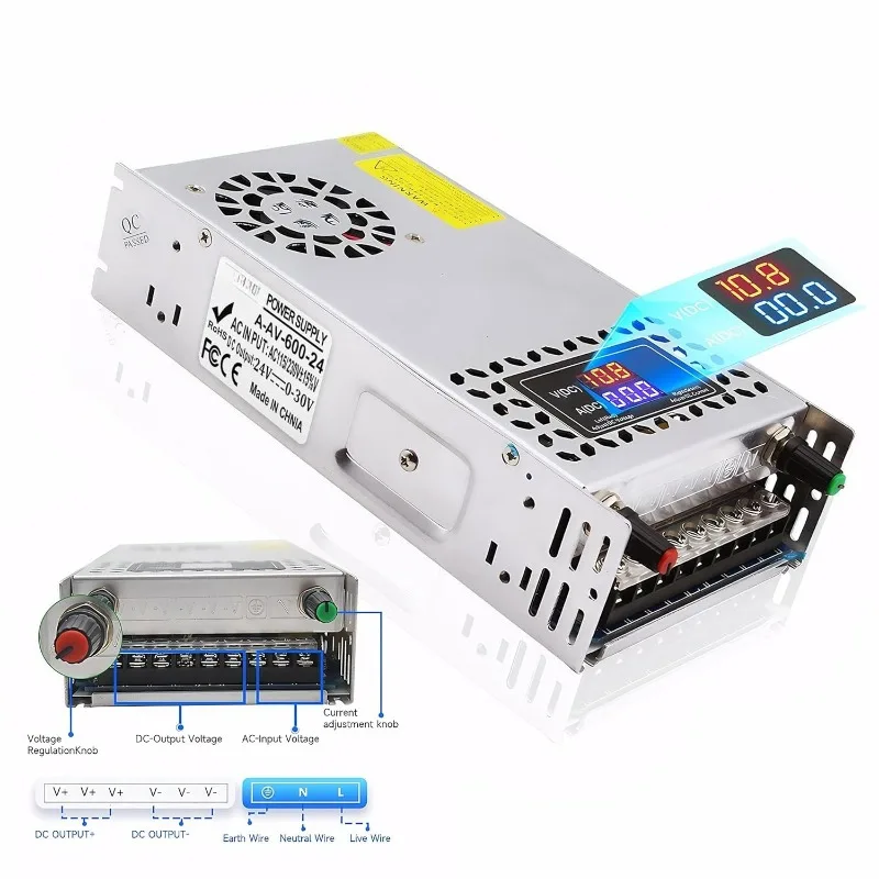 

Adjustable Power Supply DC 0-24V 0-25A 600W with LED Display 24V Power Supply Variable AC to DC Converter 110V to 24V Designed f