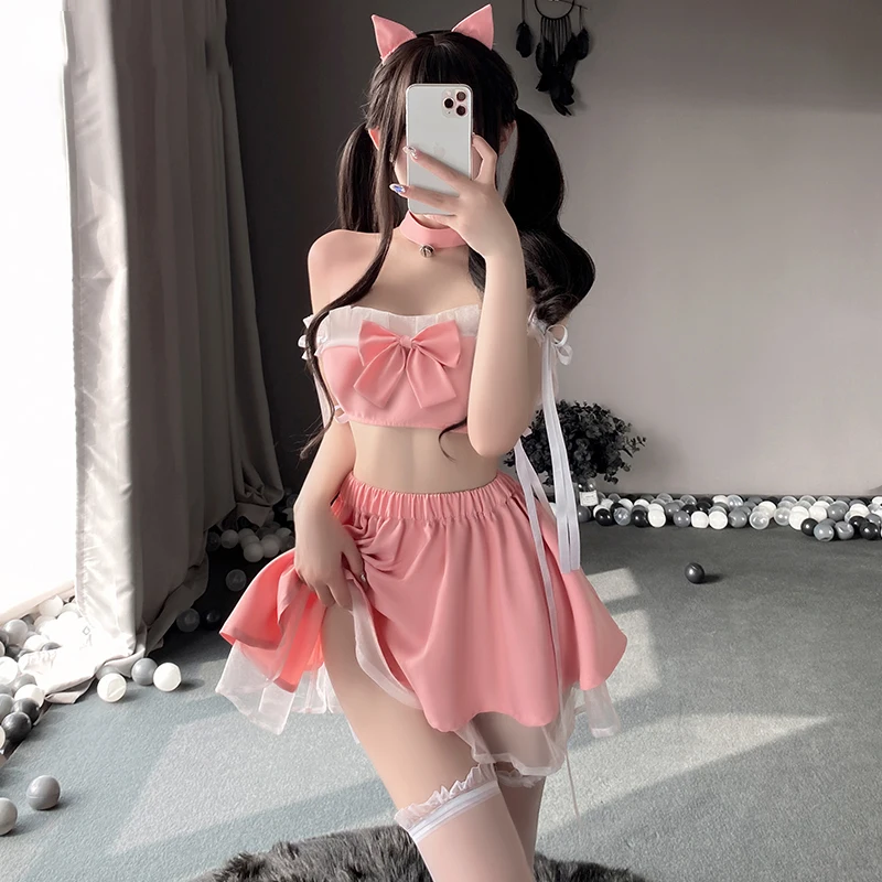 Kawaii śliczne uczennica Cosplay kobiety bielizna kostium seksowna mundurek szkolny koronkowa różowa sukienka odgrywanie ról egzotyczna bielizna