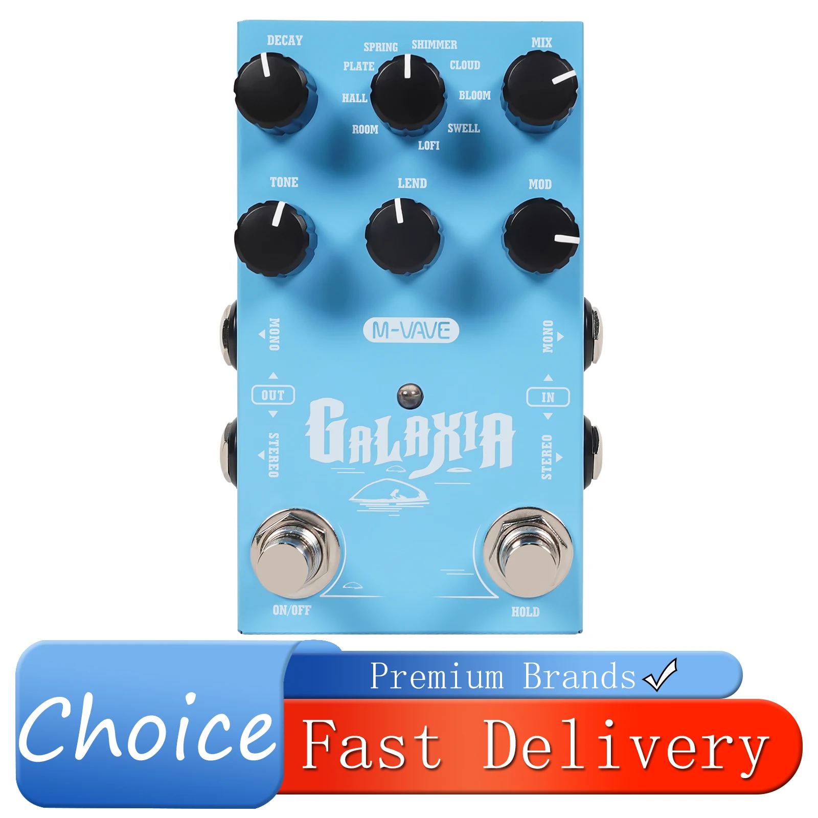 Pédale d'effet de guitare stéréo M‑VAVE Galaxia avec 9 algorithmes de réverbération, fonction de blocage, entrées/sorties mono et stéréo pour guitare électrique et basse