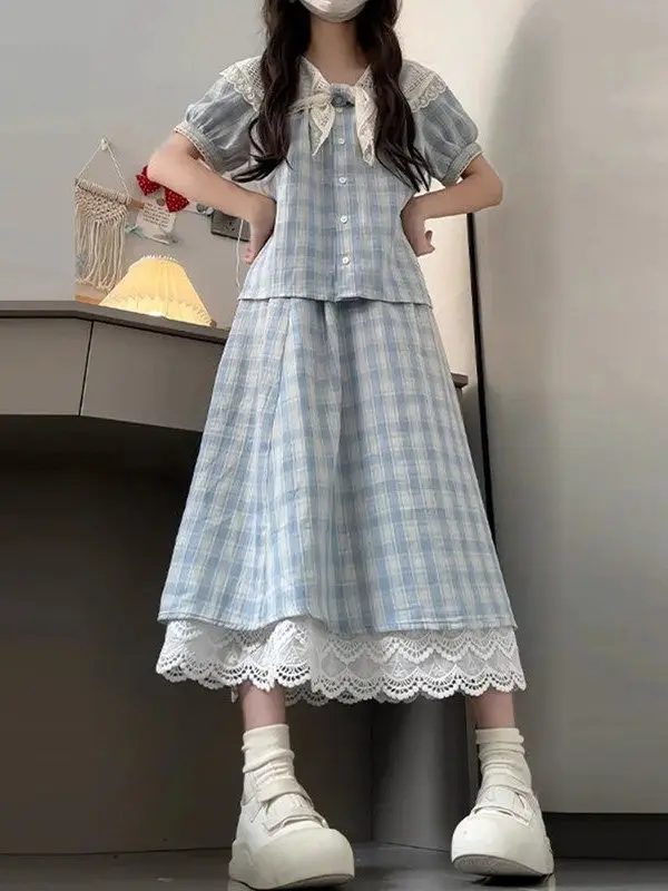 

Sweet Plaid Short Sleeve Shirt And Skirt Set plus Size Women's Summer College Style Slimming Two Piece Set Fashionable And Ca...