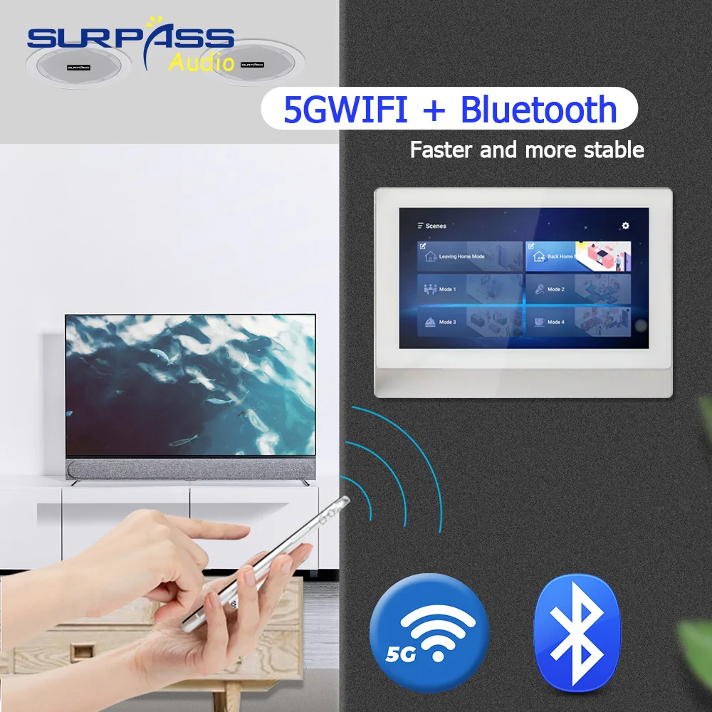 Smart Home 7 Inch Touch Screen Android 8.1 Wifi BT Wall Amplifier 8 Channels 20Watts Remote Control 2 Zone Playback Support TUYA