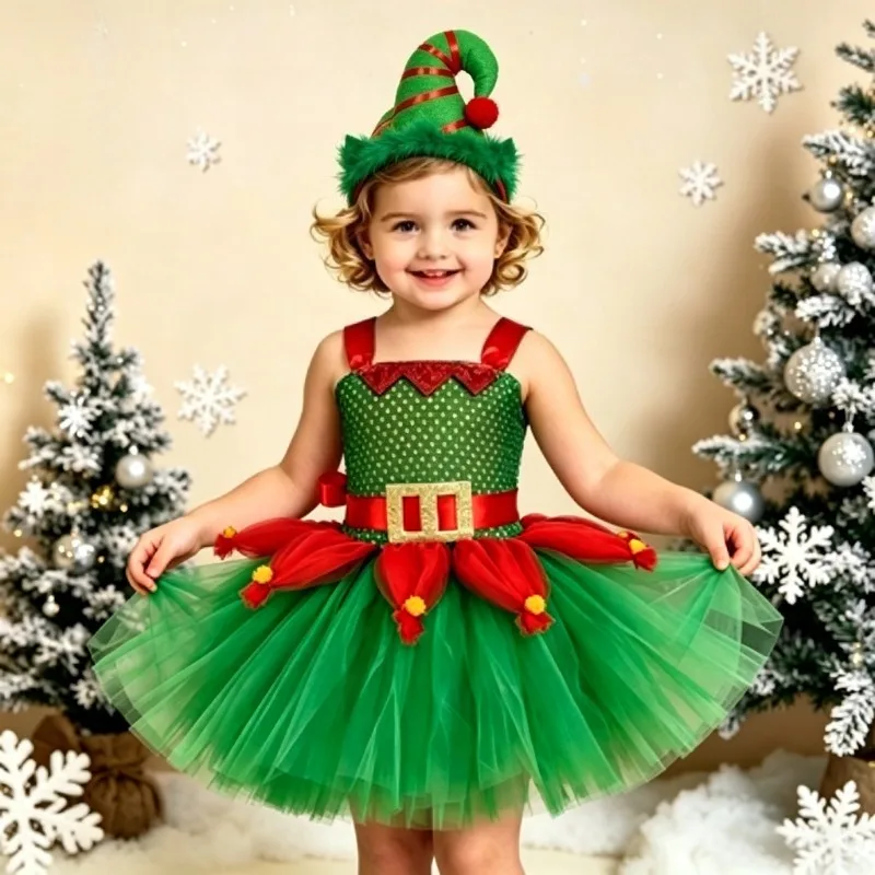Christmas Kids Elf Dress, Girls Festive Christmas Party Stage Clothes, Sweet Tulle Princess Dress for Holiday Gatherings