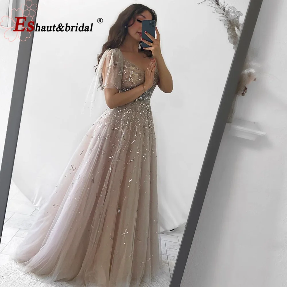 Elegant Pink V Neck Crystal Evening Dress for Women 2024 Beads Aline V Back Tulle Long Formal Prom Wedding Party Gown Customized