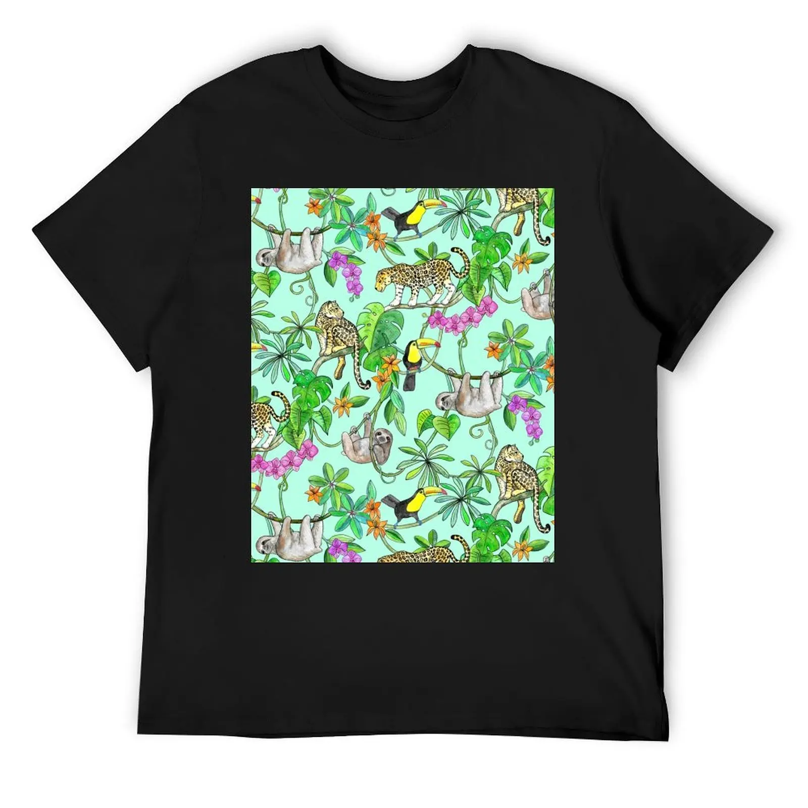 Rainforest Friends - watercolor animals on mint green T-Shirt anime t shirts tees rapper graphic tees workout shirts for men